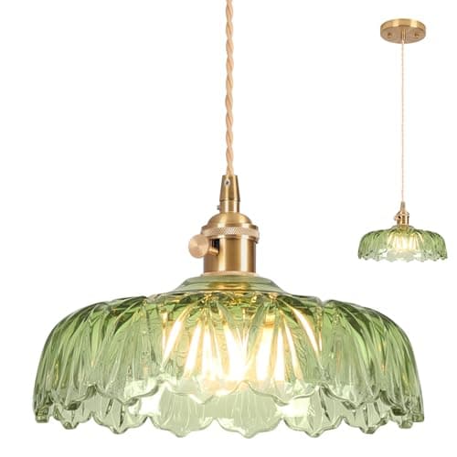 Image of Vloitgol Glass Pendant Light Green Ceiling Light, E27 25CM Hanging Ceiling Lights Vintage Pendant Light, Chandelier Lights for Kitchen Island Bedroom Hallway Study Room Coffee Bar Living Room