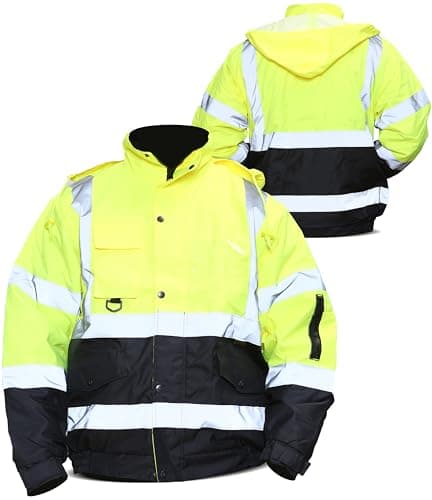 Image of Mega_Jumble Men's Hi Vis Jacket Hi Viz Safety Security Work Wear Bomber Jacket Reflective Protective Waterproof Windproof Jacket With Concealed Hood (UK, Alpha, 3XL, Regular, Regular, Yellow/Navy)