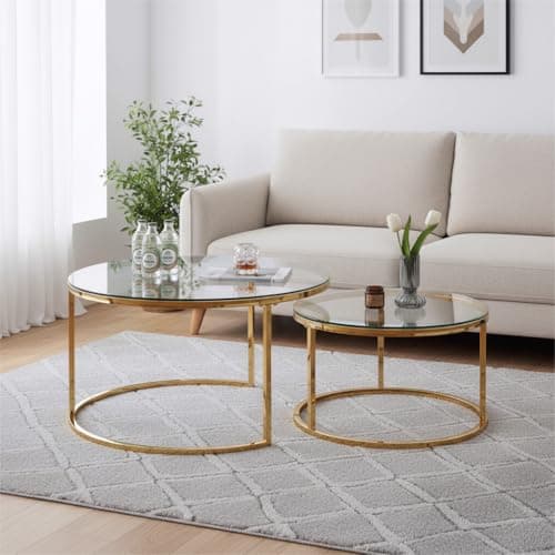 Image of buybyroom Gold Coffee Table Set of 2, Round Coffee Table for Living Room, Nesting Tables, Suitable For Living Room, Bedroom and Balcony, Tempered Glass Tabletop, Golden Frosted Iron Frame, Gold