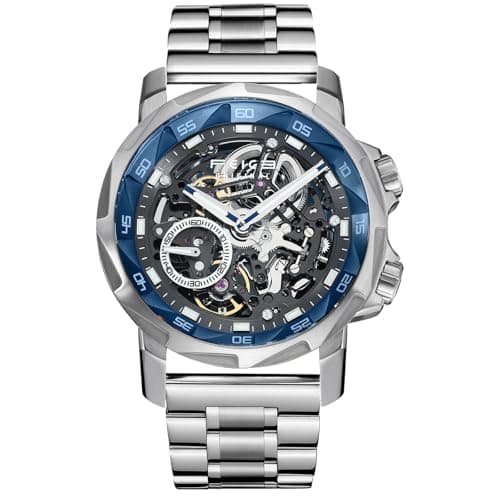Image of FEICE FM511 Men's Automatic Skeleton Watch, Luxury Sapphire Crystal Glass Blue Dial Luminous Hands, 5ATM Waterproof Sport Wristwatch with Silicone Strap for Men, Casual Mechanical Watches for Men
