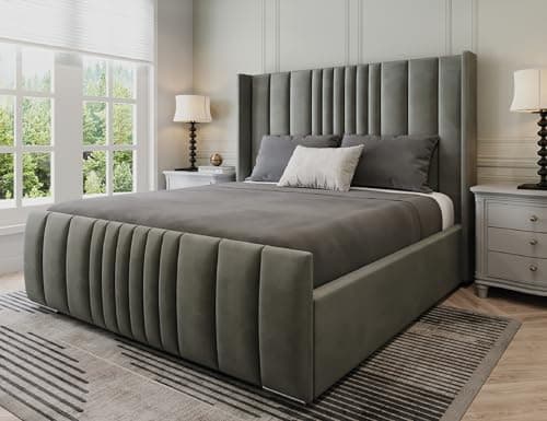 Image of Furnishion Manhattan King Size Bed Frame 5ft, Modern Plush Velvet Upholstered Panelled Design, Luxury King Size Beds for Stylish Bedrooms, Strong 5ft Bed Frame with Wooden Slats in Grey Plush
