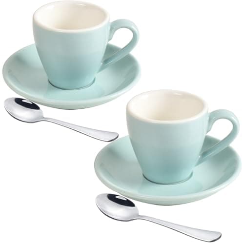 Image of ionEgg Porcelain Espresso Cup with Saucer and Mini Stainless Steel Spoons, Espresso Shot Glass, 80ml, Set of 2, Blue