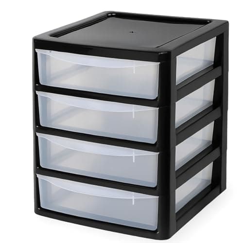 Image of A4 PLASTIC STORAGE DRAWERS DRAW TOWER UNIT OFFICE DESKTOP TABLETOP HOME SCHOOL GARAGE MODULAR & PORTABLE DRAWERS OFFICE DESK ORGANIZER SLIM A4 SIZE 2|3|4|6|8 TIERS (Black/Clear, A4 Slim 4 Drawers)