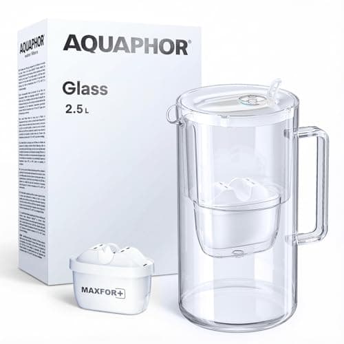 Image of AQUAPHOR Glass White Water Filter Jug - Take to Table Premium Glass Design Jug with Easy-Fill Flip-Open Lid, 2.5L Capacity, 1 X MAXFOR+ Filter Included, Reduces Limescale, Chlorine & Microplastics.