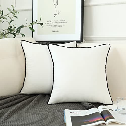 Image of LIGICKY Set of 2 White Velvet Throw Pillow Covers Modern Minimalist Style Solid Decorative Black Rope Edging Soft Square Cushion Cases for Sofa Bedroom Party Décor, 18 x 18 inch
