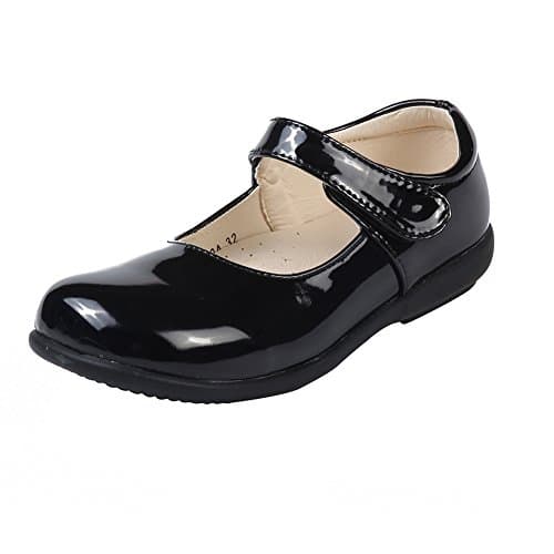 Image of MK MATT KEELY Girls Flat School Shoes Black Mary Jane Shoes for Girls Hook and Loop Comfortable Shoes Patent Leather Comfortable Walking Shoes , Black Style 4, 13.5 UK Child