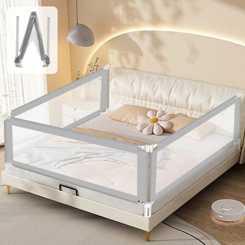 Image of Ollewiellan Bed Rail 180 cm x 2 + 150 cm x 1, Bed Rail, Fall Protection, Foldable with U-shaped Base, Bed Safety Gate, Children's Bed Rail, Height Adjustable, 68-95 cm, for Children and Parent Beds,
