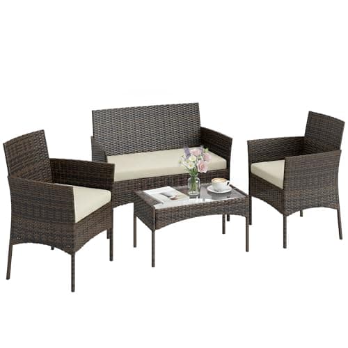 Image of Outsunny 4 Seater Rattan Garden Furniture Set, 4 Piece Garden Sofa Set with Loveseat, Armchairs, Glass-Top Coffee Table, Cushions, Wicker Outdoor Furniture for Conservatory Patio, Beige