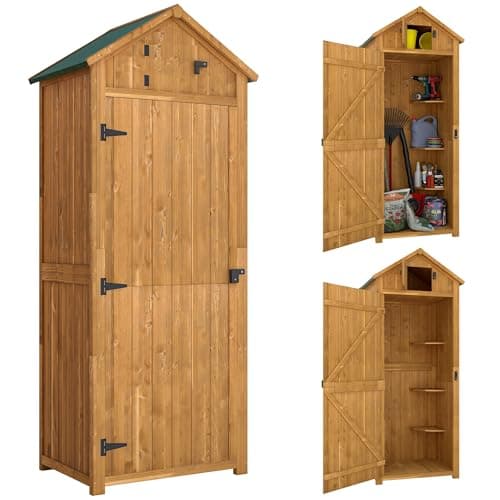 Image of Outsunny Garden Shed Vertical Utility 3 Shelves Shed Wood Outdoor Garden Tool Storage Unit Storage Cabinet, 77 x 54.2 x 179cm - Brown