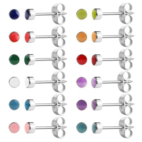 Image of JMFENFA 12 Pairs Ear Piercing Stud Earrings Set Surgical Stainless Steel Multicolor Round Enamel Stud Earrings for Ear Piercing Guns (Silver enamel 3mm)