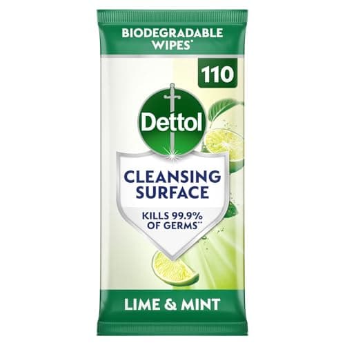 Image of Dettol Antibacterial Cleansing Surface Biodegradable Wipes, Lime and Mint, 110 Wipes, Disinfectant, Home Hygiene, Kills 99.9 Percent of Germs