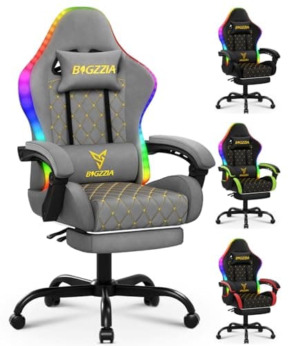 Image of bigzzia Gaming Chair with Lights Computer Game Chair RGB Led, PU Leather Video Game Chair for Adults with Footrest (Grey, With RGB chair)