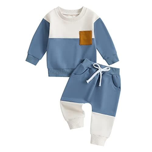 Image of WWAYBEI Toddler Baby Boy Fall Winter Clothes Long Sleeve Contrast Color Sweatshirt Pullover Tops and Joggers Pants Outfit Set (Blue, 3-4 Years)