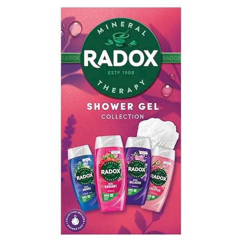 Image of Radox Shower Gel Bundle Collection Gift Set with four shower gels and a shower puff perfect for any occasion 4 piece