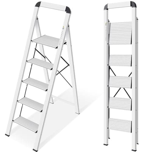 Image of KINGRACK 5 Step Ladder with Handrail, Aluminium Folding Step Stool Portable, Non-Slip Household Stepladder with Wide Platform for Kitchen Pantry Closets Home Office, Maximum Load 150 kg, Silver