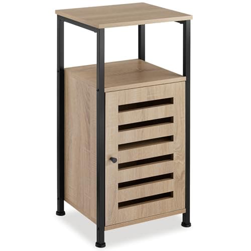 Image of tectake® Modern Bedside Table with Cupboard & Open Compartment, Bedside Cabinet with Steel Frame & Wood-Look Surfaces, Compact Side Table for Bedroom, Living Room, 38.5 x 31.5 x 81 cm - Dark Wood