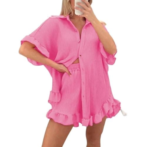 Image of Ranian's Ladies Gold Button Pleated Frill Ruffle Shirt Shorts Two Piece Summer Co ord Set (Candy pink, One size 8-18)