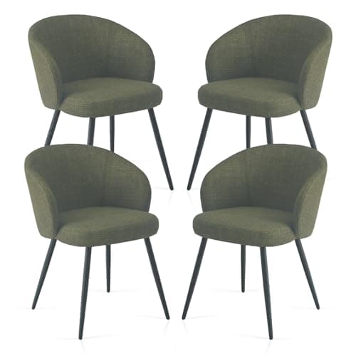Image of Weegstok Set of 4 Chunky Weave Fabric Upholstered Dining Chairs with Arms and Metal Legs for Dining Room, Kitchen, Living Room, Home Office (4, Green)