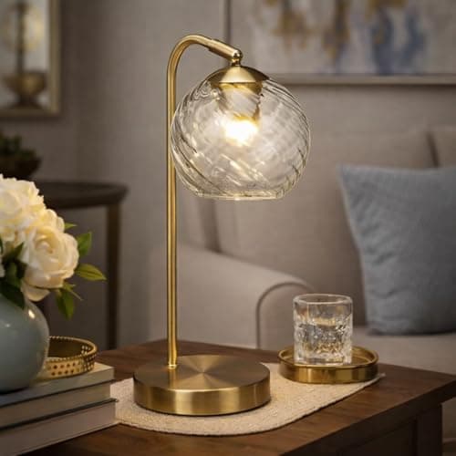 Image of New Gold Elegant Glass Globe Table Lamp with Curved Brass Stand – Decorative Bedside Light,Perfect for Modern or Traditional Home Décor Gift-A51