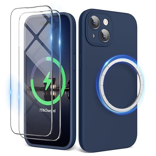 Image of SURPHY Magnetic Case for iPhone 15 Case with Screen Protector, Liquid Silicone Anti-Scratch Compatible with MagSafe Gel Rubber Phone Case for iPhone 15 6.1 inch, Storm Blue