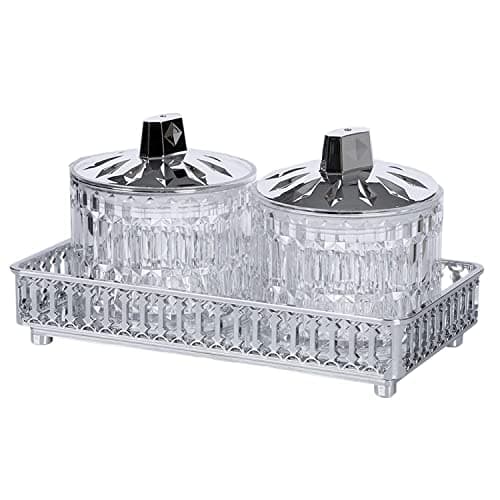 Image of Acrylic - 5 Crystal Clear Jars (500ml Each) with Tray / Round Decorative Tray / Square Cosmetic Tray (3 Pc Set - Silver- 2 Crystal Clear Canisters (500ml Each) with Real Mirror Glass Tray Centerpiece)