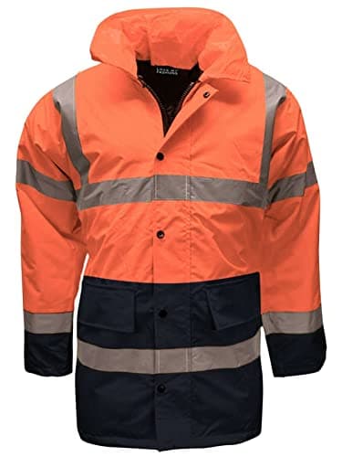 Image of New Hi Vis Parka Jackets High Visibility Safety Security Workwear Waterproof Storm Padded Jackets Hi Viz Reflective Protective Hooded Long Rain Coats (UK, Alpha, S, Regular, Regular, Orange/Navy)
