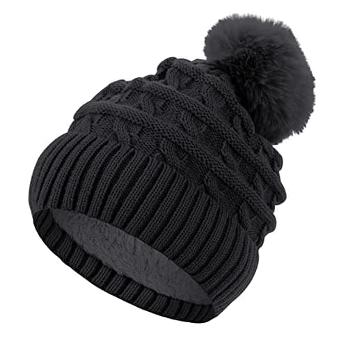Image of Sibba Winter Beanie Hats for Women Bobble Hat Thermal Fleece Lined Hat Ladies Knitted Wooly Hats with Faux Fur Pom (Black)