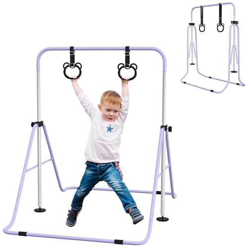 Image of HOMCOM Kids Gymnastics Bar, Horizontal Training Kip Bar for Kids, Adjustable Height Folding Gymnastics Equipment with Hand Grips, Non-slip Rubber Pads, for Home, Flat, Purple