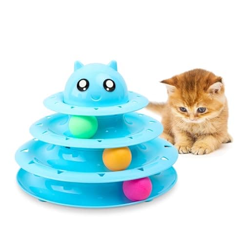 Image of FurDreams Cat Roller Ball Toy Interactive - Blue | 3 Tier Tower Fun Ball with 3 Colour Balls | 3 Level Teaser with Play Balls | Puzzle for Exercise and Stimulation