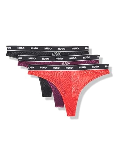 Image of HUGO Women's 3-Pack Repeat Logo Lace Thongs, Black/Grape/Red, S