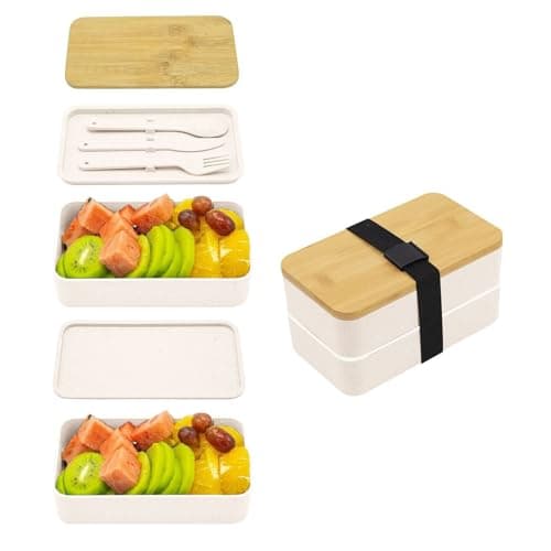 Image of cheshjulv Japanese Lunch Box, Bento Lunch Box Set with Utensils, Microwave/Dishwasher Safe, Stackable Lunch Containers, Bamboo Lids,40oz (Grey)