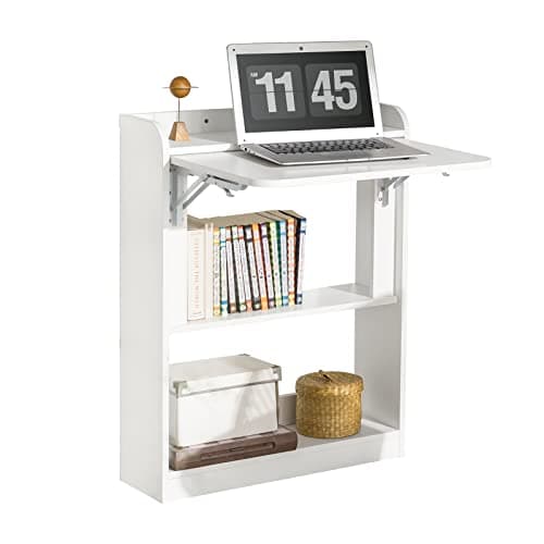 Image of SoBuy Folding Desk, Wall Mounted Desk, Home Office Folding Computer Table with 3 Shelves for Small Space Bedroom Living Room Study, White, W64 x D58 x H82cm, FWT92-W