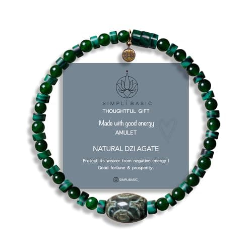 Image of SIMPLÍ BASIC ORĀ Buddha Stones Tibetan Three Eye Dzi Bead Bracelet, Malachite and Jade Stone Protection and Lucky Bracelet