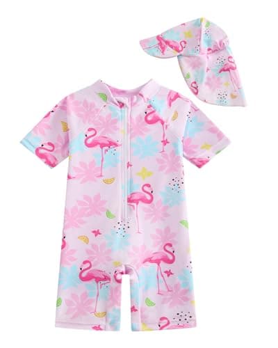 Image of JiAmy Baby Girls Swimming Costume with Sun Hat Short Sleeve Zip Up Rash Guard Sun Protection Beach Swimsuit Infant Toddler One Piece Bathing Suits Pink Flamingo 2-3 Years