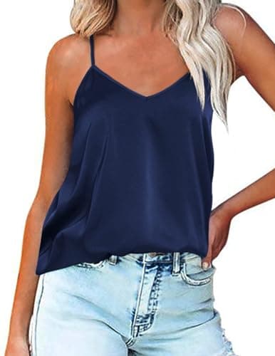 Image of Ekouaer Womens Camisole Silk Ladies Satin Tank Tops V Neck Adjustable Strap Sleeveless Cami Vest Top Navy