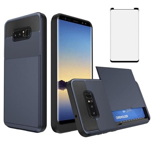 Image of Asuwish Phone Case for Samsung Galaxy Note 8 with Tempered Glass Screen Protector Cover and Card Holder Slot Hybrid Full Body Protective Shockproof Cell Accessories Note8 Not S8 Gaxaly Men Navy Blue