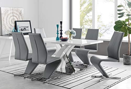 Image of Furniturebox UK Atlanta Rectangle Chrome Metal Modern Stylish High Gloss White 6 Seater Dining Table and 6 Premium Willow Dining Chairs Set (Dining Table + 6 Elephant Grey Willow Chairs)