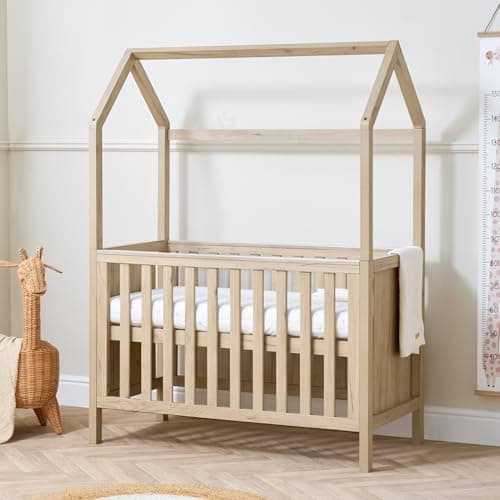 Image of Tutti Bambini Mini Baby House Bed - 3-in-1 Baby Cot Bed, Toddler Bed & Toddler Sofa, House-Shaped Baby Bed with 3 Mattress Height Levels, Cot with Protective Teething Rails, Harvest Oak (120 x 60 cm)