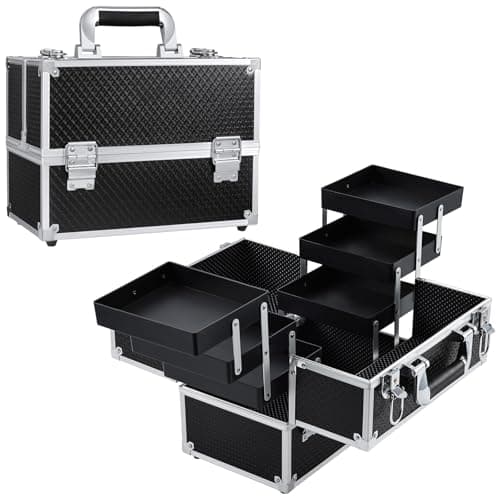 Image of Frenessa 6 Trays Makeup Box Cosmetics Case Jewelry Organiser Vanity Make Up Storage Box Beauty Train Case Lockable with Keys, Black
