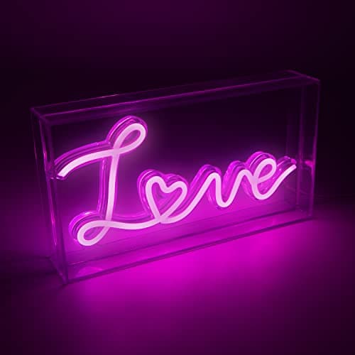 Image of Global Gizmos Neon Love Sign/Neon Acrylic Box Lights Sign/Energy Efficient Pink LED Lights/USB Powered 3 Unique Designs (Pink Love) Valentines Day Gift