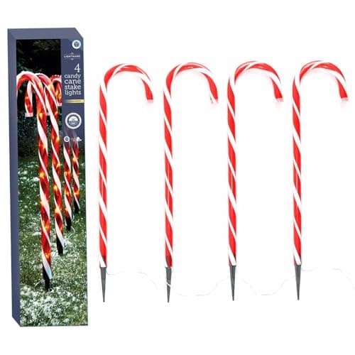 Image of Daniel James Candy Cane Christmas Lights - Warm White LED Outdoor Pathway Stake Lights for Garden & Driveway - Battery Operated Christmas Decoration with Timer – Set of 4: 62cm, Red & White