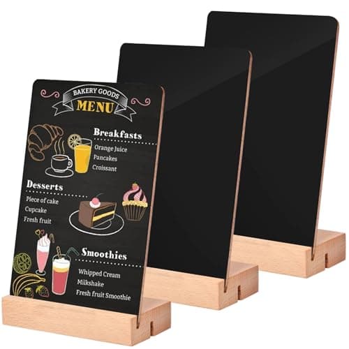 Image of 3PCS A5 Chalkboard Signs, Chalk Board Signs with Stand Double Sided Tabletop Blackboard Menu Board with Wooden Stand for Wedding Party Bar Restaurant Cafe Table Decoration