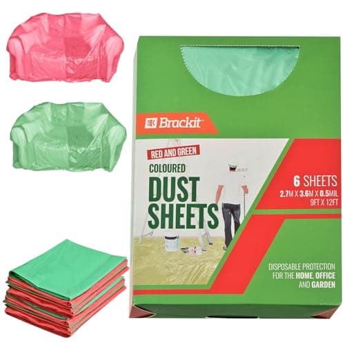 Image of Brackit Plastic Disposable Dust Sheets - 6-Pack 3.6m x 2.7m (12x9ft) - Dustproof & Waterproof Polythene Sheets for Decorating - Red & Green Colour Drop Cloth