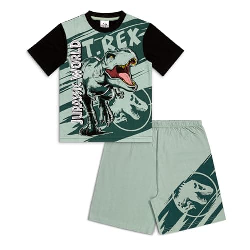 Image of Jurassic World Boys Pyjama Set | T-Rex Print Cotton T-Shirt & Elasticated Waist Shorts Pjs |Dinosaur Sleepwear (5-6 Years) Green