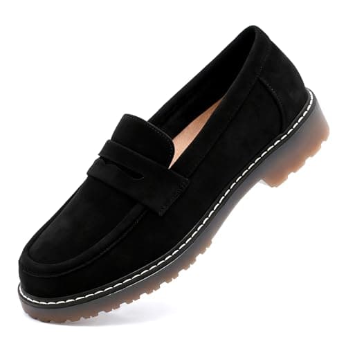 Image of Womens Loafers Shoes Platform Chunky Penny Loafer Lug Sole Comfortable Slip On Work Office Business Casual Dressy Fashion Driving Moccasins Women Shoes Suede Black Size 7.5