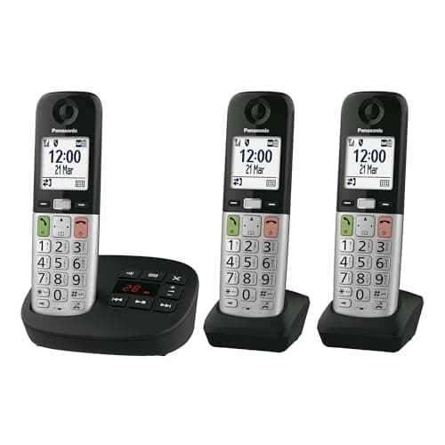Image of Panasonic KX-TGU433EB Digital Cordless Landline Phone with Answering Machine, Base Unit & 3 Handsets, 2.1” (5.3 cm) LCD Display, Fav Call, Torchlight, Hearing Aid Compatible, Black & Silver