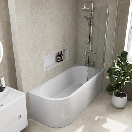Image of Baystone® 1700 x 725mm Single Ended J Shaped Shower Bath Tub with Side Panel & Screen White Gloss Acrylic Luxury for Bathroom Corner Modern - Right Hand
