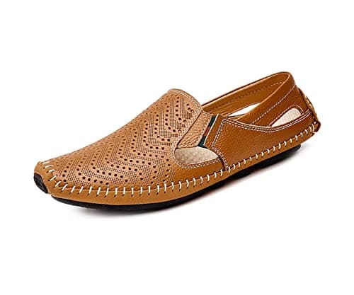 Image of Asifn Mens Leather Driving Loafer Lightweight Slip-on Perforated Breathable Walking Boat Shoes Flat Slippers Outdoor Moccasin(Brown,7/7.5 UK,41 Brand Size