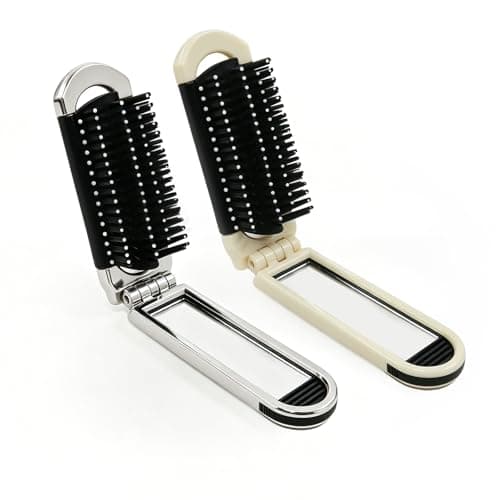 Image of Andiker 2 Pack Folding Hair Brush with Removable Mirror, Mini Hairbrush with Soft Flexible Bristles, Lightweight Portable Hair Comb for Women Daily and Travel Use