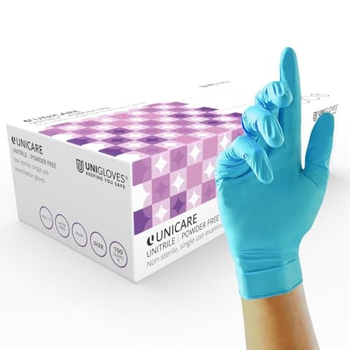 Image of Unigloves Unitrile GS0053 Medical Grade Examination Gloves - Powder and Latex Free Disposable Gloves, Box of 100 Gloves, Blue, Medium